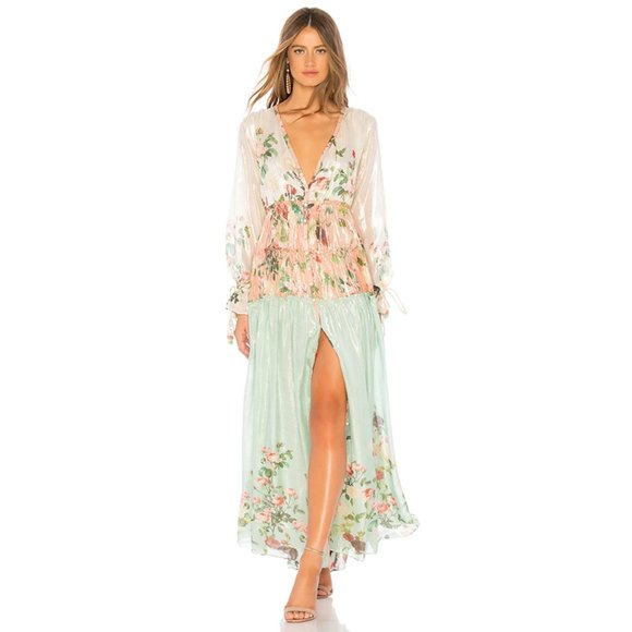Rococo Sand Dresses & Skirts - NWT Rococo Sand Ruched Long Dress Maxi Plunging V-Neck Metallic Green Pink XS